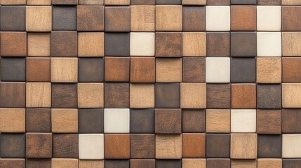 Fototapeta premium A close-up of a textured wooden tile pattern featuring various shades of brown and cream, Ideal for interior design projects, home decor, and promotional materials emphasizing natural elements,