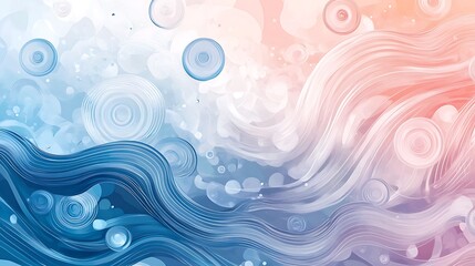 Abstract swirling waves and circles in blue and pink hues