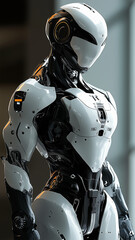 Fototapeta premium A close-up of an aesthetically designed futuristic robot model, emphasizing its sleek form, intricate features, and advanced technology, representing innovation in robotics.