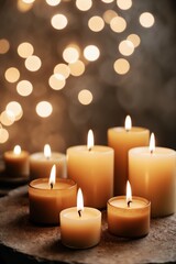 This image features an arrangement of lit candles with a warm glow, emphasizing a tranquil and cozy ambiance perfect for relaxation and reflection.