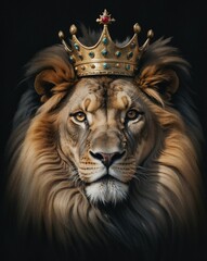 This striking image features a regal lion adorned with a golden crown, symbolizing power, nobility, and majesty against a dark, dramatic background.
