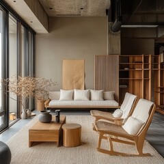 Bright interior showcases minimalist decor with wooden furniture elements