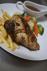 chicken breast steak with french fries potato