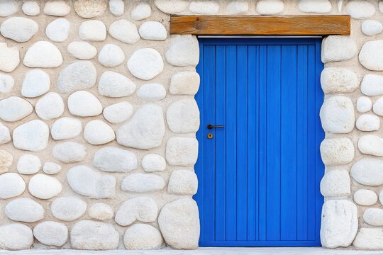 Mediterranean-style blue door framed by rustic stone walls with charming weathered details enhancing its character