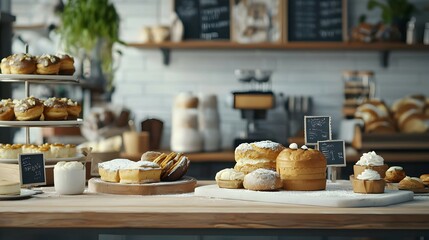 Assorted Pastries and Cakes Displayed on Wooden Counter in Bakery