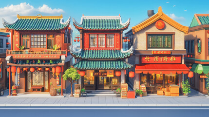 Fototapeta premium Chinese street restaurant building for town set. Cartoon japan shop and asian district cityscape isolated vintage business clipart decoration collection for cityscape exterior. Historic kiosk place