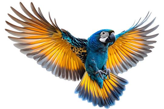 Colorful flying Catalina Macaw parrot isolated on white background