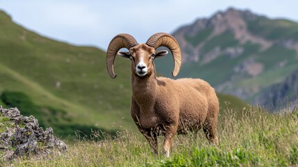 Majestic Ram Standing Gracefully in Lush Green Valley with Mountains in Background