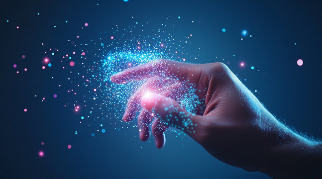 Artificial intelligence and human hand touching with digital data technology, concept on a blue background for future tech or business - Powered by Adobe