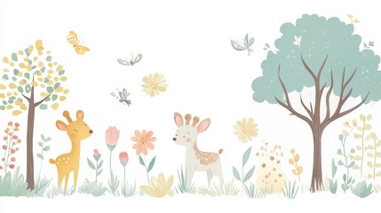 Cute Cartoon Forest Scene with Deer, Flowers, and Butterflies