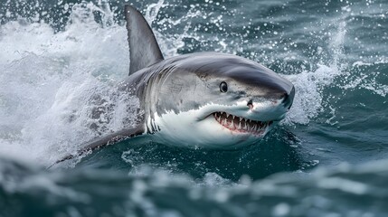 Naklejka premium Great white shark breaching the ocean surface, splashing water, showcasing its powerful presence