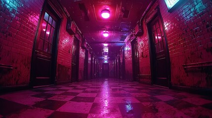 Neon-lit Hallway: A Cyberpunk Nightmare
