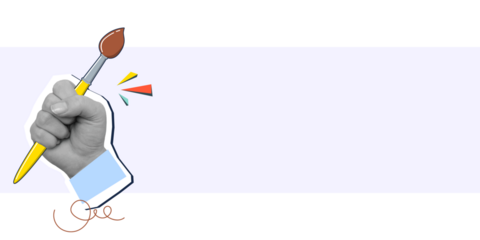 Cartoon brush held in raised hand, place for text. Creativity concept.  Modern photo collage style. Illustration on transparent background