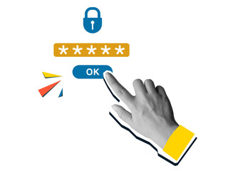 Black and white hand entering the password. Internet security concept. Modern photo collage style. Illustration on transparent background