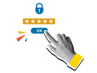 Black and white hand entering the password. Internet security concept. Modern photo collage style. Illustration on transparent background
