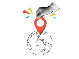 Hand puts a red pin location marker a planet Earth. Modern collage style. Illustration on transparent background