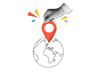 Hand puts a red pin location marker a planet Earth. Modern collage style. Illustration on transparent background