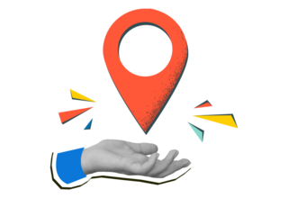 Black and white hand holding a red location pin. Modern collage style. Illustration on transparent background