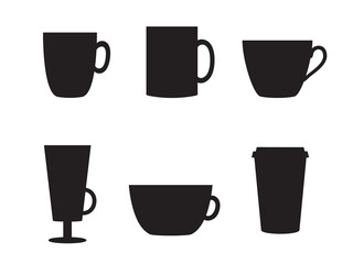 Collection of black shapes of tableware for soft drinks - cup, mug, glass, paper cup. Illustration on transparent background