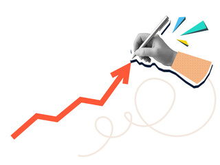 Hand draws an arrow pointing up. Modern collage style. Illustration on transparent background