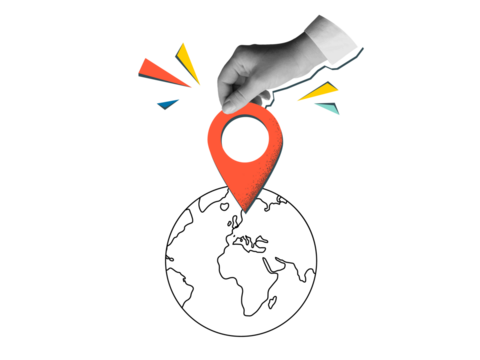 Hand puts a red pin location marker a planet Earth. Modern collage style. Illustration on transparent background