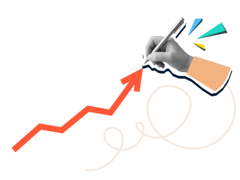 Hand draws an arrow pointing up. Modern collage style. Illustration on transparent background