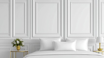 Elegant white bedroom featuring luxurious bedding, decorative pillows, a gold side table with a flower vase, and stylish lampshade, ideal for interior design projects or home decor inspiration,