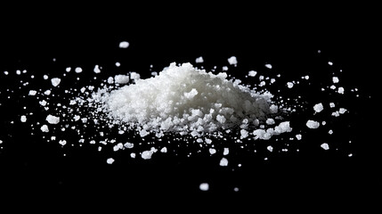 Scatters of sugar or salt crystals with white dust. Vector realistic set of stains of crushed pieces of chalk or sand, coarse culinary ground sea salt or sugar granules isolated on black background