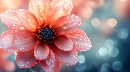 Delicate peach blossom bathed in morning dew, bokeh background