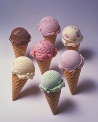 A delightful arrangement of colorful ice cream scoops in waffle cones, showcasing a variety of flavors and textures, perfect for a sweet treat.