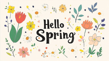 A charming illustration featuring the text Hello Spring surrounded by whimsical floral elements