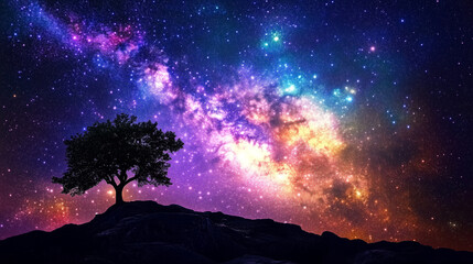 Fototapeta premium Breathtaking view of a lone tree silhouetted against a dazzling night sky filled with the Milky Way and colorful cosmic nebulae. Image made using Generative AI.