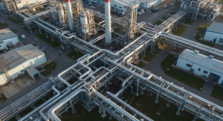The textures and reflections on the metallic surfaces of these pipes and industrial equipment highlight the sophistication of this industrial plant environment