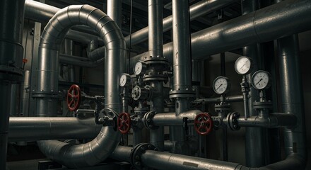 This image captures the intricate details of pipes and industrial equipment in a factory setting, showcasing the scale and complexity of modern industry