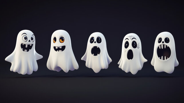 Halloween set with ghost characters with different emotions isolated on black background. Vector cartoon illustration of flying white phantom, spooky spirit smiling, scare, happy, surprised and angry