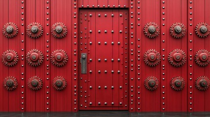 Fototapeta premium Imposing Red Metal Door with Intricate Gear Details