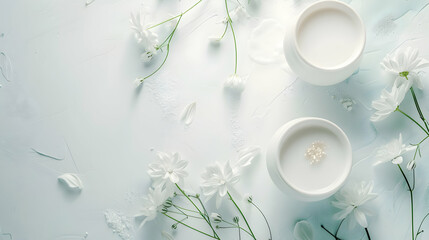 Fototapeta premium Serene composition of white candles surrounded by delicate flowers on a soft pastel background