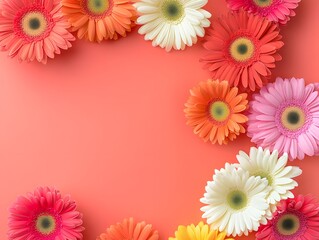Colorful gerbera flowers on a coral background. Happy Mother's Day concept. Greeting card design template.