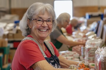 Happy senior volunteers smiling and organizing donations of food and other supplies at a charity