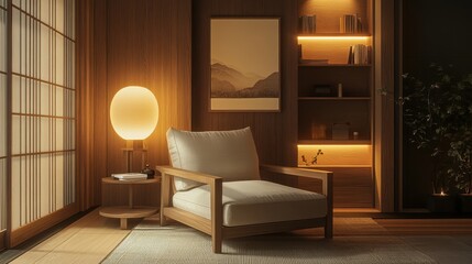 Fototapeta premium Comfortable armchair is illuminated by a lamp in a cozy room
