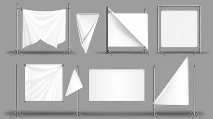White flags and pennants on poles mockup. Blank fabric banners triangle, rectangle and corner shape on steel stand isolated on transparent background, vector realistic set