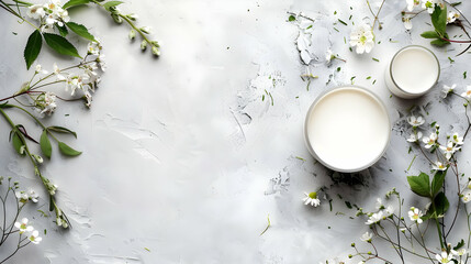 A serene composition of fresh milk in white bowls surrounded by delicate spring flowers on a textured background