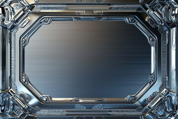This futuristic silver frame in 3D, bordered by metallic engravings, is AI-generated for a sleek branding presence.