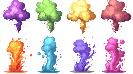 Magic explosion, game bomb boom effect with colorful clouds, smoke and fume. Fire blast, weapon shot. elemental magician spells purple, green, blue and red explode detonation, Cartoon vector set