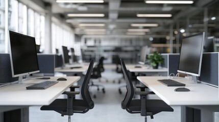 Empty Modern Office Interior With White Desks And Black Chairs