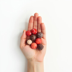 Hands offering assorted chocolate, hand holding colourful candies and chocolate on a white isolated background 