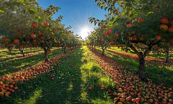 Sunlit Apple Orchard Rows with Fallen Fruit