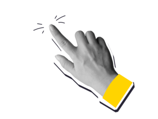 Black and white hand gesture point to, click or tap - cut out element for collage. Modern photo collage style. Illustration on transparent background