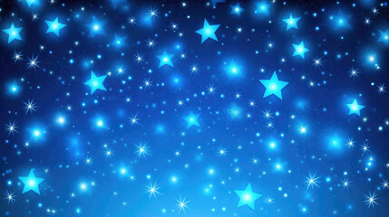 A dreamy festive background featuring a starry sky with blue light bokeh, creating a magical atmosphere for the holiday season. The soft glow and twinkling stars evoke feelings of celebration and joy
