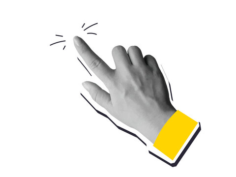 Black and white hand gesture point to, click or tap - cut out element for collage. Modern photo collage style. Illustration on transparent background